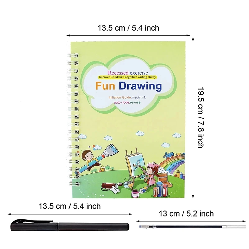 The "Fun Drawing" book is a green spiral-bound drawing notebook from the 4 Books Children Copybook Handwrite Practic Reusable Book Magic Books set. It measures 19.5 cm x 13.5 cm and features cartoon kids painting, making it perfect for handwriting practice with a pen and 13 cm tip included.