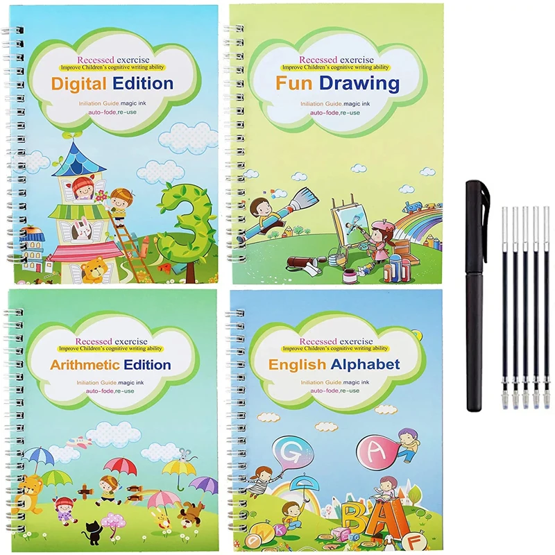 Four colorful educational workbooks with illustrated covers, plus a calligraphy book for handwriting practice and a set of black pens. Product: 4 Books Children Copybook Handwrite Practic Reusable Book Magic Books For Calligraphy Write Book English Letter Drawing Set.