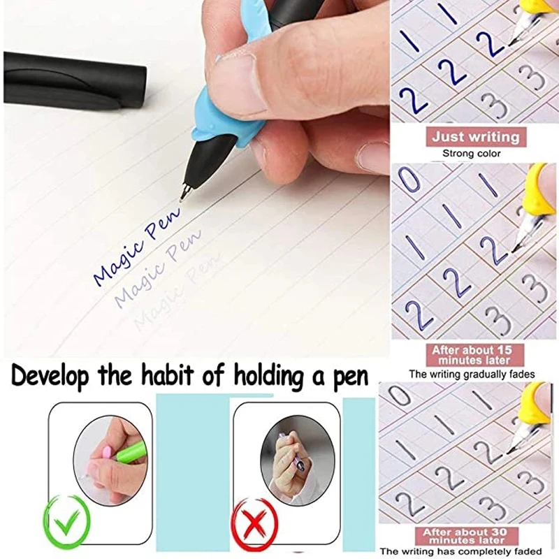 A hand uses a pen on the "Children Copybook Handwrite Practic" page. The ink fades in about 30 minutes, as illustrated, making it ideal for children's handwriting practice with the reusable Magic Books set.