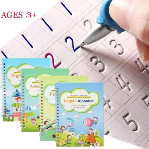 A close-up shows a person writing in a children’s copybook. Displayed are four educational workbooks from the "4 Books Children Copybook Handwrite Practic Reusable Book Magic Books," aimed at ages 3+, focusing on alphabet, arithmetic, and digital exercises to enhance handwriting practice.