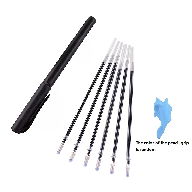 Black pen with multiple refills and a blue pencil grip. Text reads, "The color of the pencil grip is random." Ideal for use with the Magic Reusable Practice Copybook For Kids: The Print Handwriting Workbook to enhance skills.