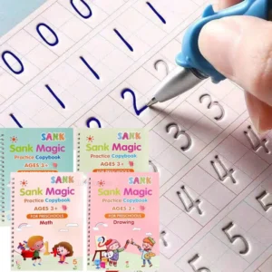 A hand with a blue pen writes "2" in a workbook, showcasing calligraphy practice. In the foreground are four copies of "Free Shipping SANK Copybooks Pen Magic," ideal for improving children's writing skills for ages 3 and up.
