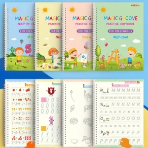 The "Magic Reusable Practice Copybook For Kids" set includes four engaging workbooks covering handwriting, math, numbers, drawing, and the alphabet. With vibrant covers and sample pages below, these books transform writing practice into a magical journey.