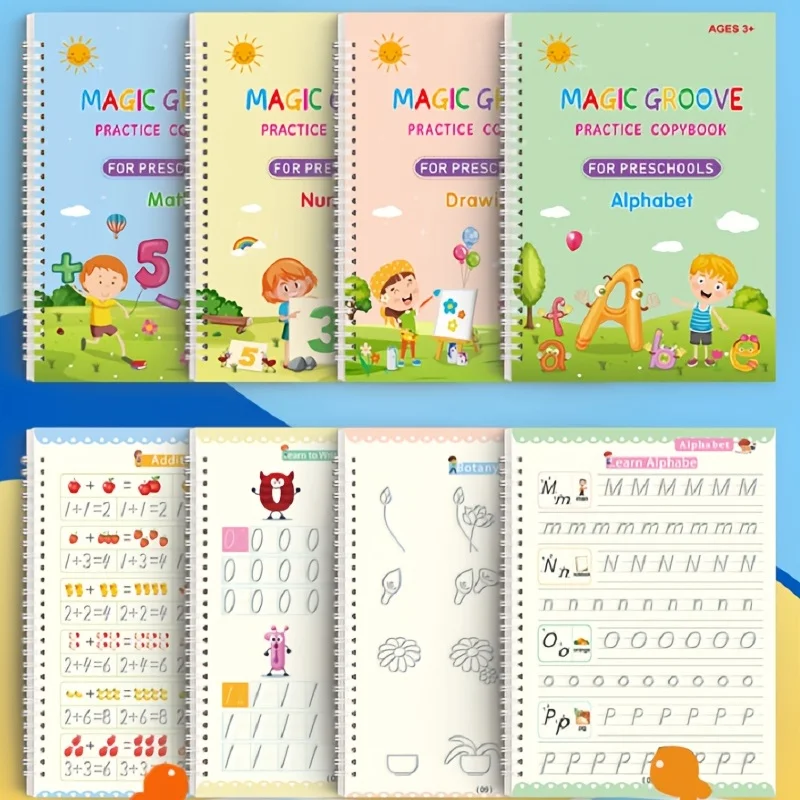 The "Magic Reusable Practice Copybook For Kids" set includes four engaging workbooks covering handwriting, math, numbers, drawing, and the alphabet. With vibrant covers and sample pages below, these books transform writing practice into a magical journey.