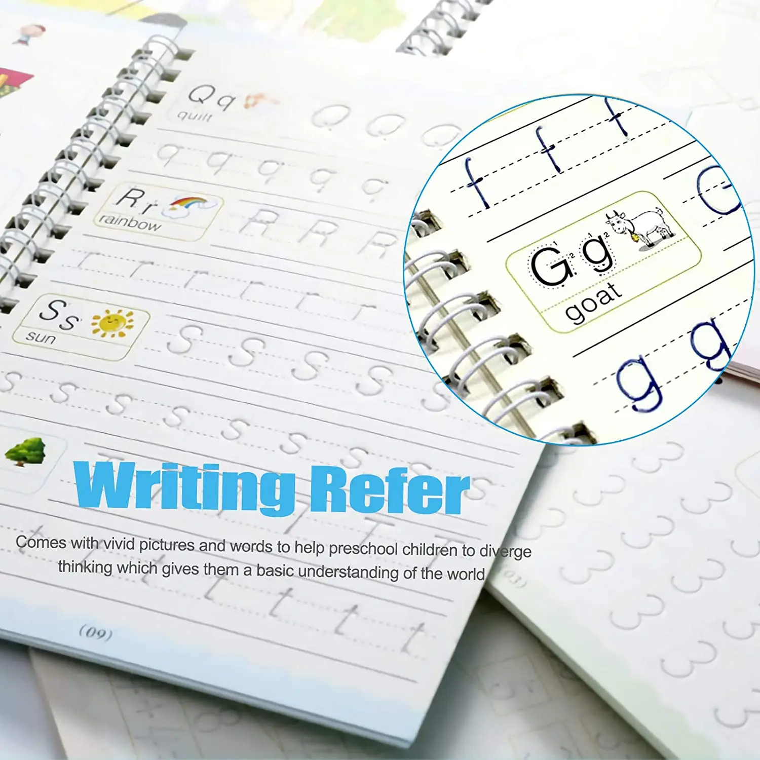An open Reusable Writing Paste Calligraphy Handwriting Copybook for Kid, showcasing alphabet tracing with images and words like "rainbow" and "goat," designed for preschool handwriting practice.