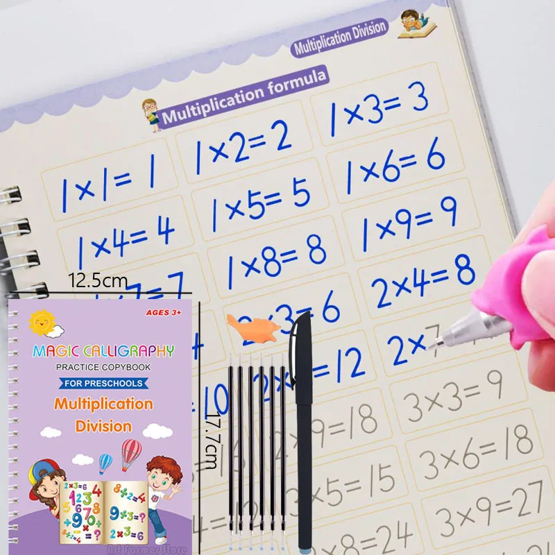 A workbook page features multiplication problems and a pen practicing calligraphy. The cover reads "Reusable Writing Paste Calligraphy Handwriting Copybook For Kids: English Multiplication and Division Practice Toy," blending handwriting elegance with children's book fun.
