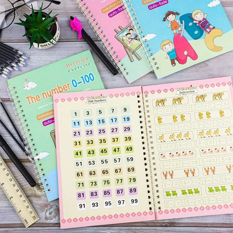 Colorful, educational workbooks with numbers and subtraction exercises adorn a wooden surface, accompanied by pencils, a ruler, and an eraser. The SANK Copybooks Pen Magic Copy Book for calligraphy practice adds charm to this vibrant learning setting.