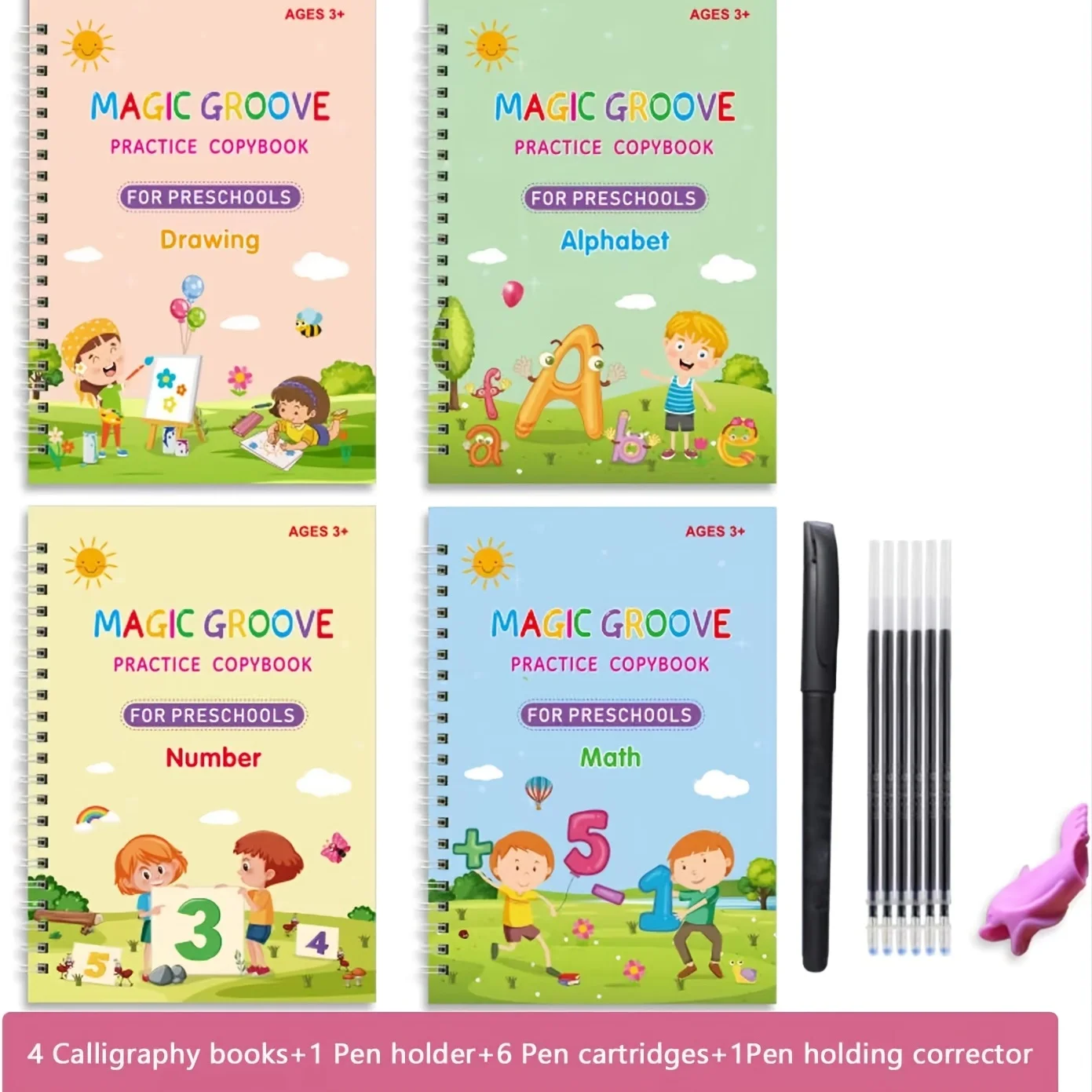 The Magic Reusable Practice Copybook for Kids includes four vibrant covers (drawing, alphabet, numbers, math) plus a pen holder, six cartridges, and a correction aid.