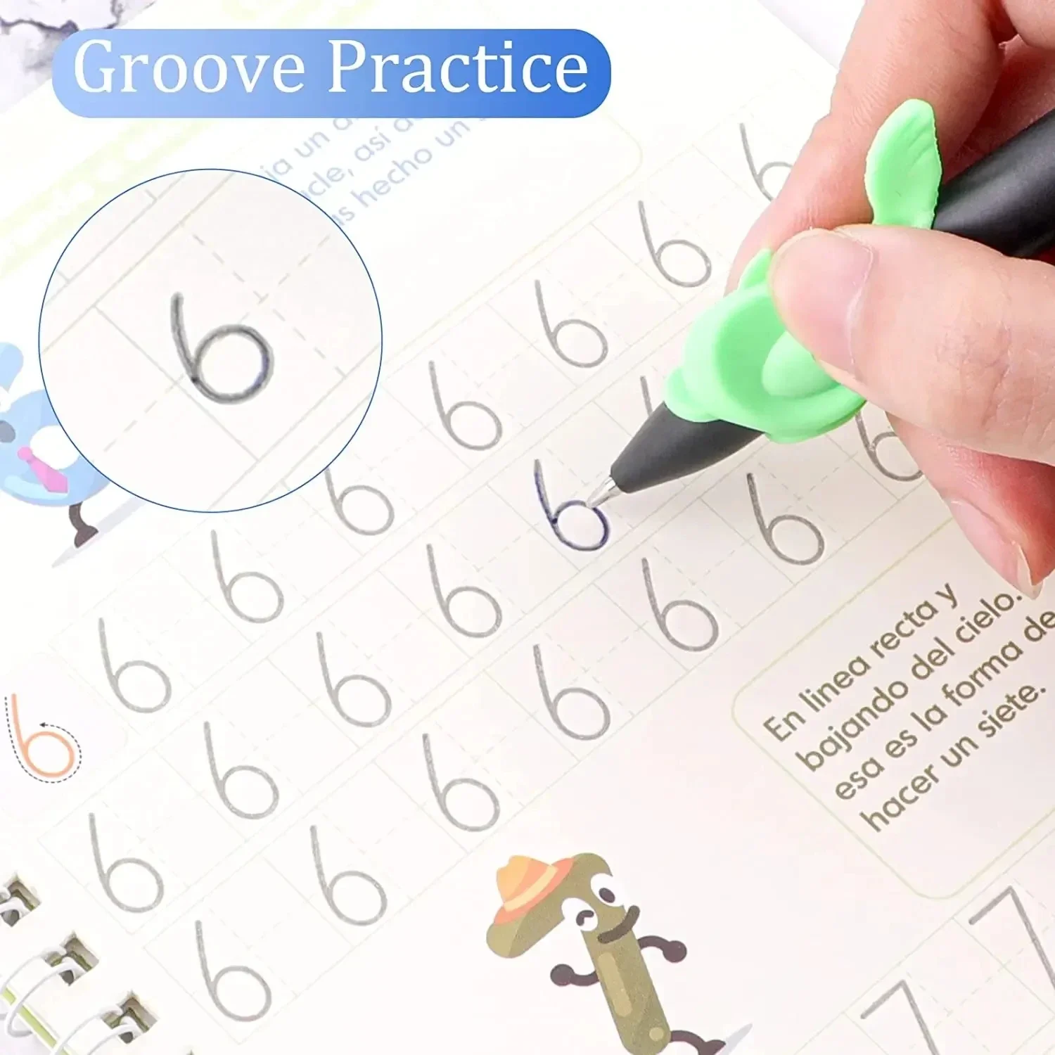A pen glides smoothly, tracing the number six on a "Magic Writing Book in Portuguese Calligraphy" sheet—a blend of Montessori Kids learning methods and calligraphic elegance in our reusable educational practice notebook.