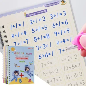 A hand uses a pink pen to practice calligraphy in a math workbook focused on division. The copybook, titled "Reusable Writing Paste Calligraphy Handwriting Copybook for Kids," enhances handwriting and mathematical skills.