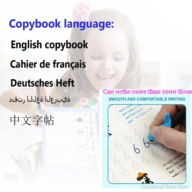 A child eagerly practices numbers with the SANK Copybooks Pen, a magical copybook featuring English, French, German, Arabic, and Chinese. This enchanting journey is perfect for budding calligraphers and comes with free shipping!.